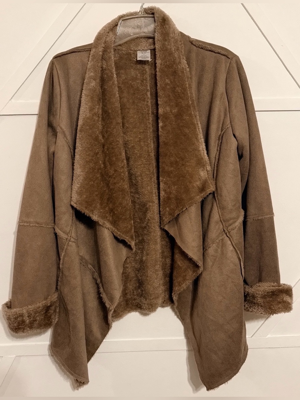 Faux-Suede Open Front Shearling Jacket - Brown